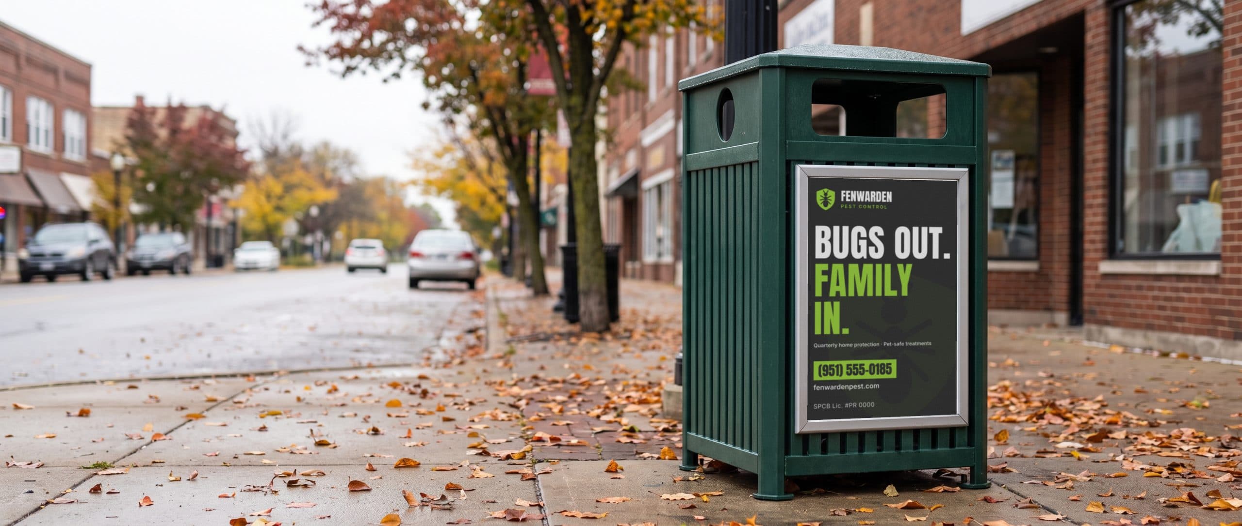 A downtown sidewalk trash can on a fall morning with a pest control ad on its side.