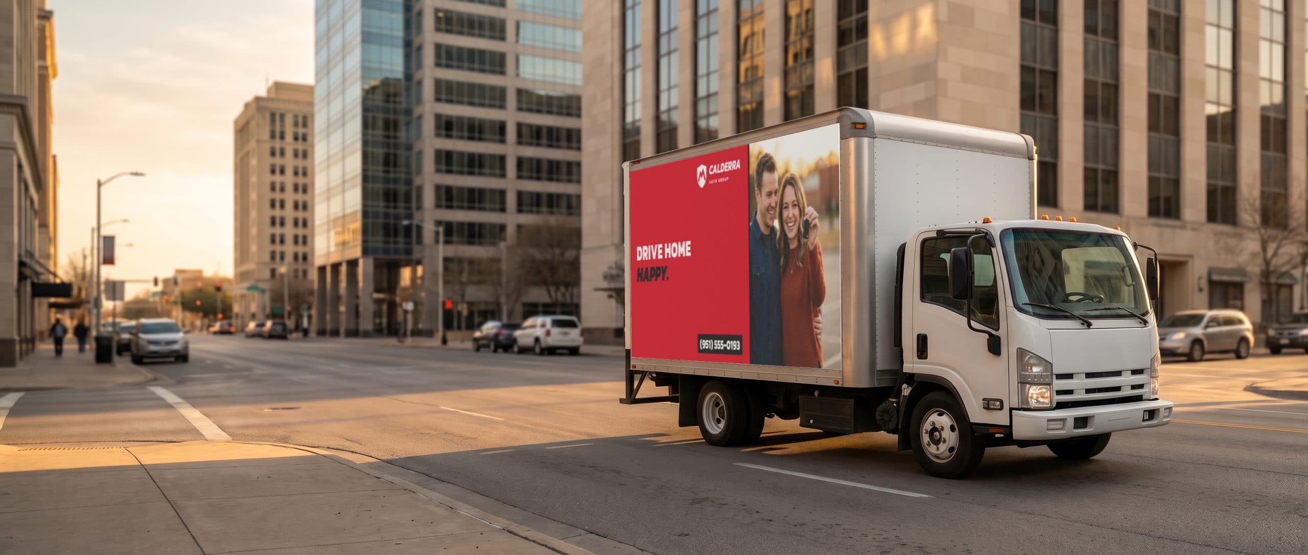 A mobile billboard truck driving through a downtown Texas street at golden hour, carrying an auto dealer ad.