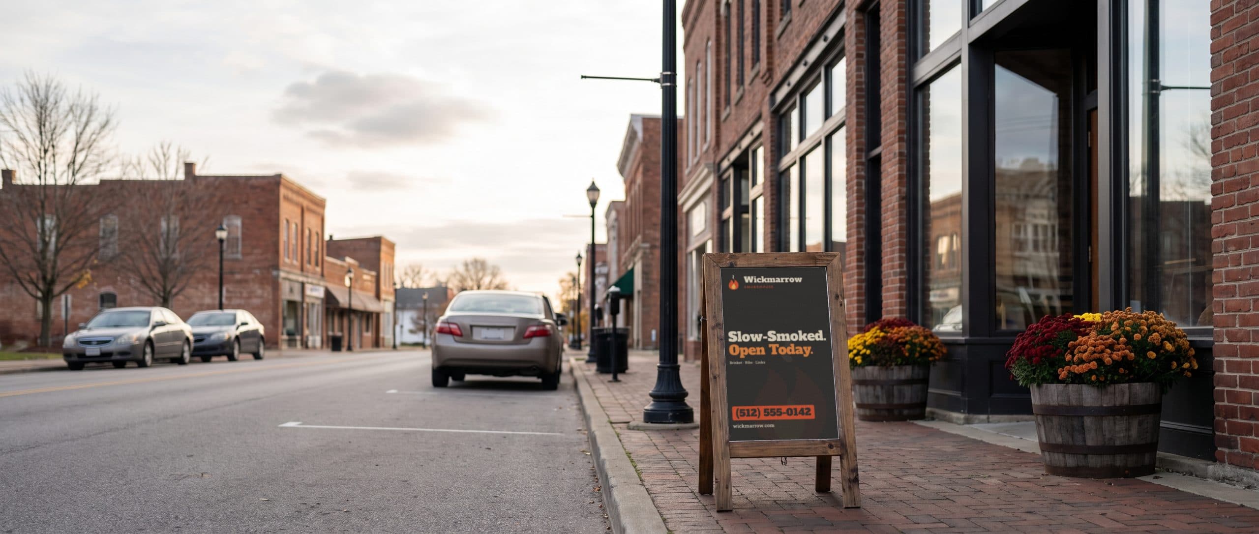 A sidewalk sign outside a small-town Main Street shop, promoting a local barbecue restaurant.