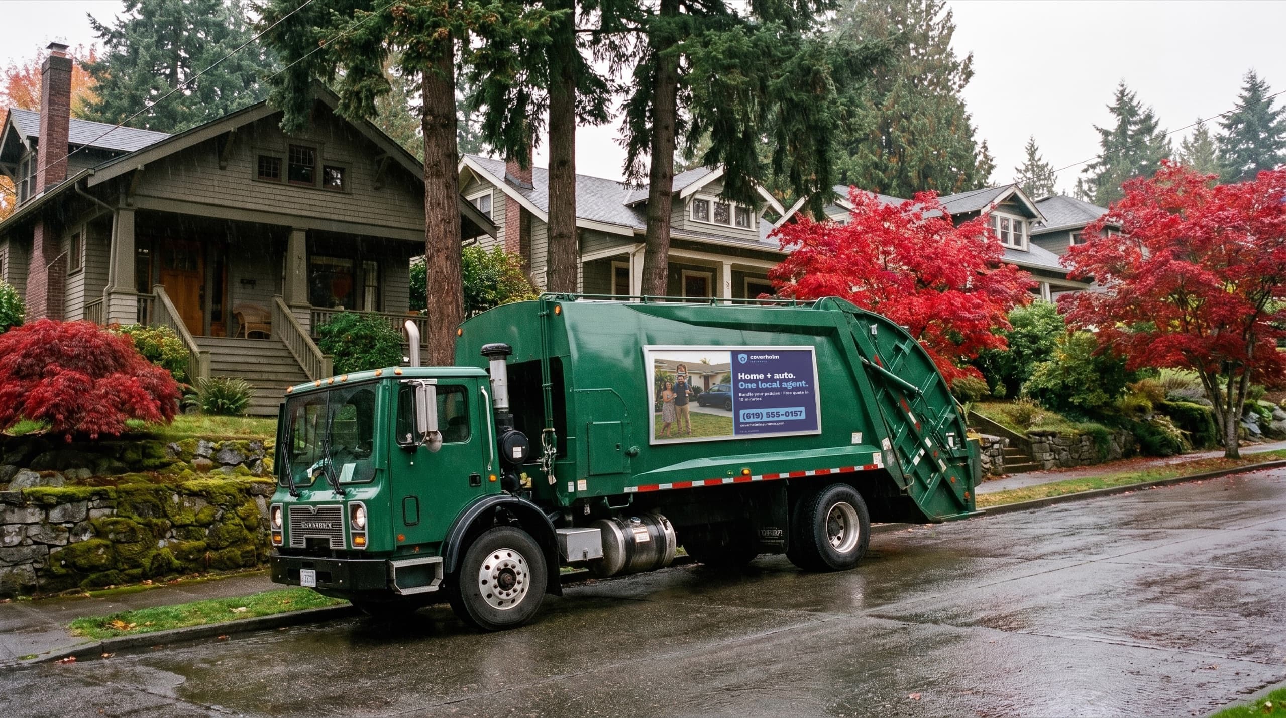 Green garbage truck on a rainy craftsman-house street, carrying a framed insurance ad