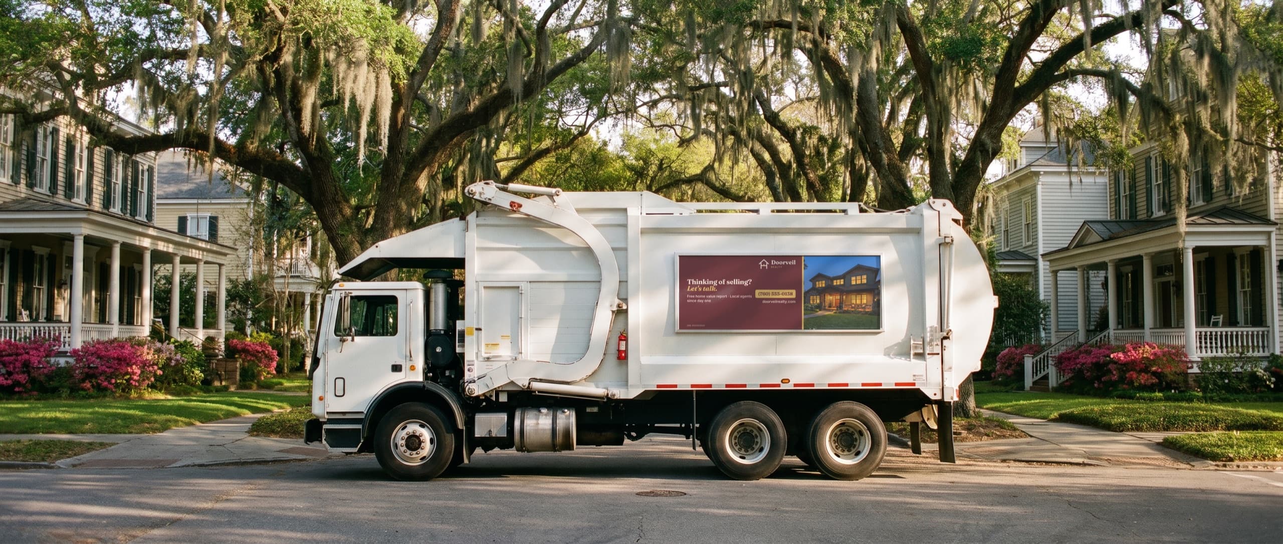 White garbage truck under live oaks with Spanish moss, carrying a framed real estate ad