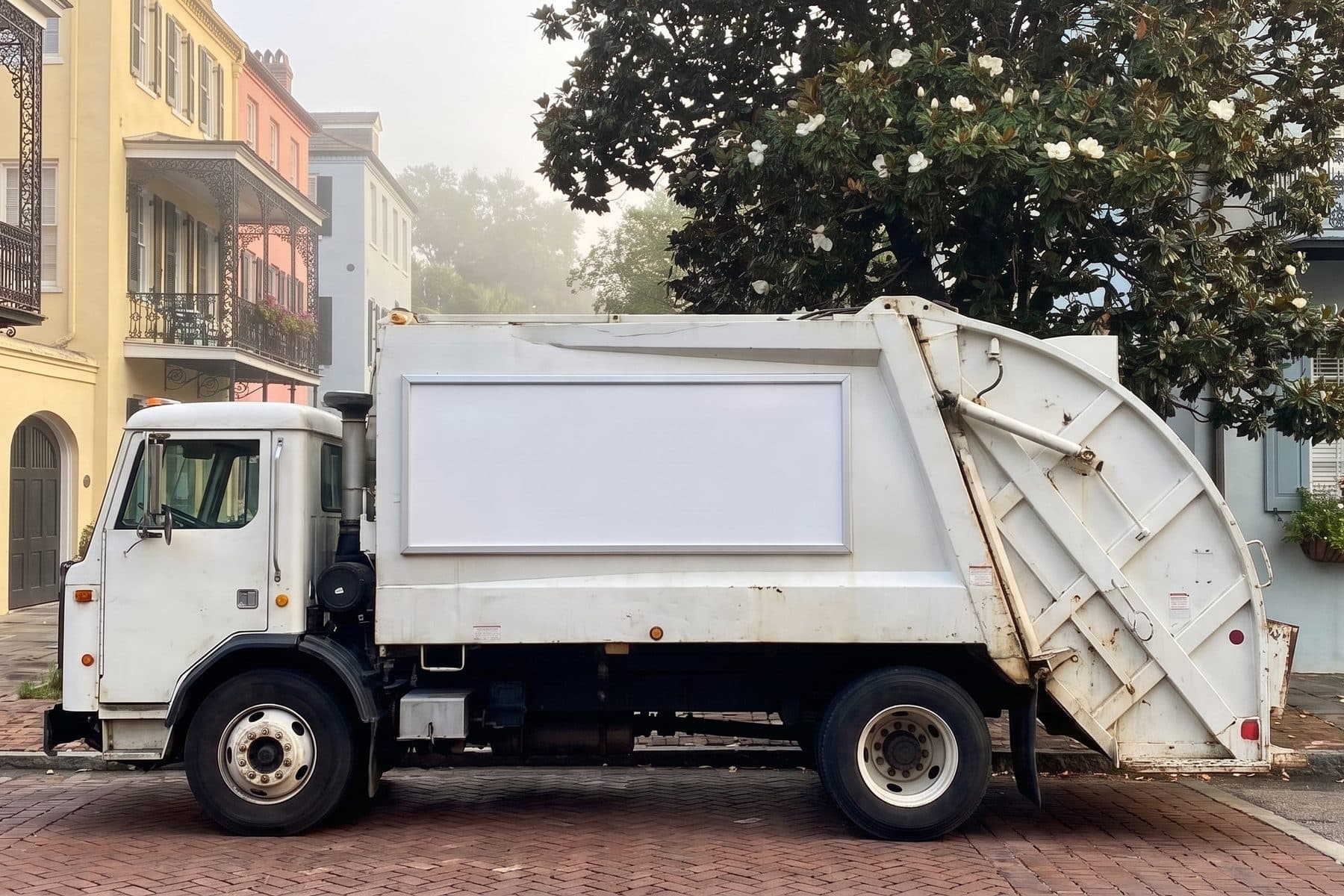 Garbage truck on a historic street with an empty aluminum sign frame on its side